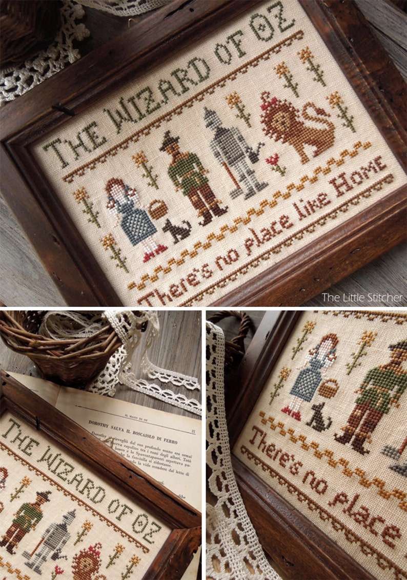 Peut inclure: Une broderie au point de croix encadr&eacute;e repr&eacute;sentant les personnages du Magicien d'Oz, dont Dorothy, l'&Eacute;pouvantail, l'Homme de Fer-Blanc et le Lion peureux. La broderie est r&eacute;alis&eacute;e sur un tissu beige avec des points de couture marrons. Le cadre est en bois fonc&eacute;. Le texte "THE WIZARD OF OZ" et "There's no place like Home" est brod&eacute; en fil marron.