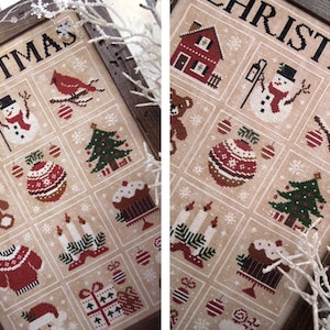 May include: A cross-stitch pattern sampler with a beige background and a variety of Christmas-themed images, including a snowman, a cardinal, a house, a Christmas tree, a gingerbread house, and a stocking. The title of the sampler is "Christmas".