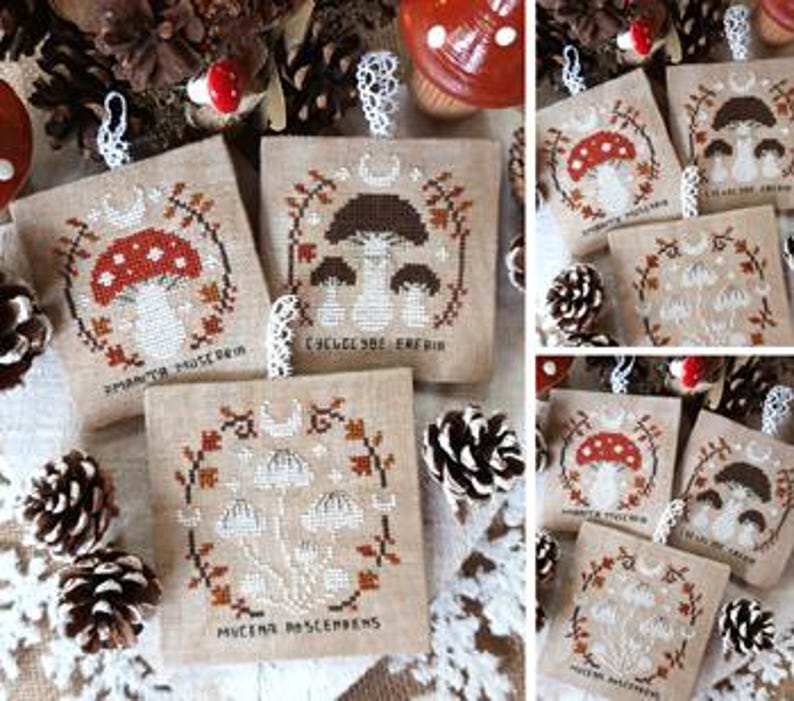 Op de afbeelding: Een verzameling kruissteekpatronen met paddenstoelontwerpen op beige stof. De patronen tonen paddenstoelillustraties in bruin, rood en wit. Elk ontwerp is omgeven door een decoratieve rand en bevat tekst.
