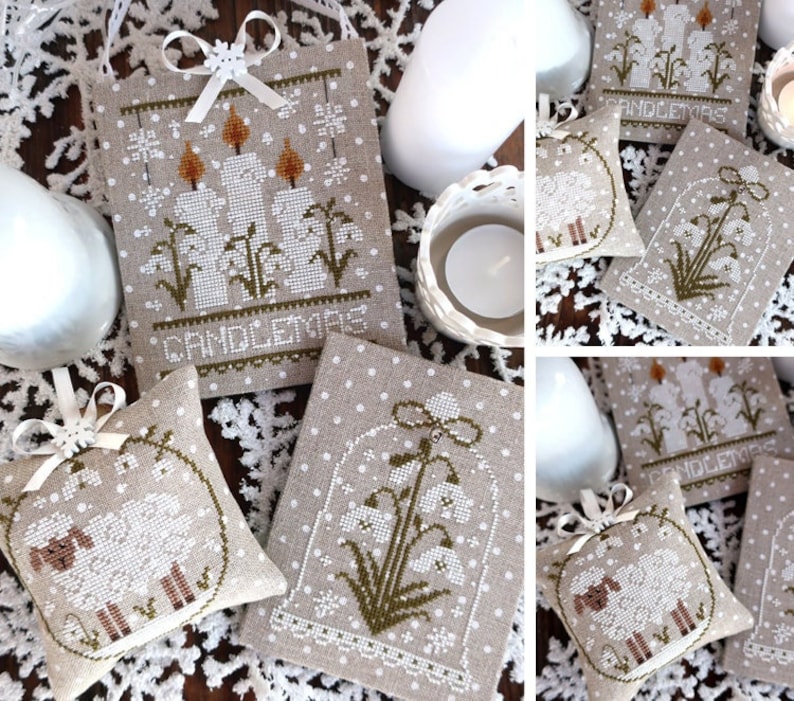 May include: A collection of beige cross-stitch ornaments and sachets. The ornaments feature candle, flower, and sheep designs with the word "Candlemas". Each piece is adorned with white ribbon and bows, creating a festive, handcrafted aesthetic.