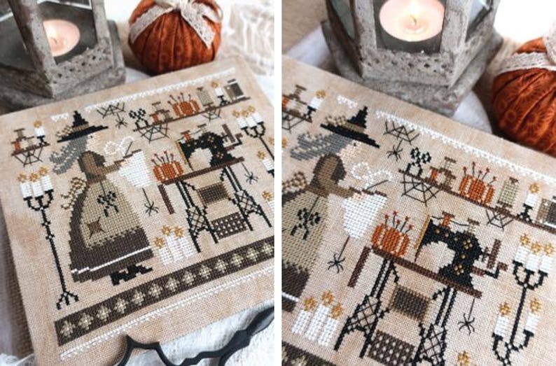 May include: Cross-stitch sampler depicting a witch at her sewing table, with Halloween motifs. The design includes a witch in a hat, a sewing machine, pumpkins, spiders, and candles. The colour palette is mainly beige, brown, and orange.
