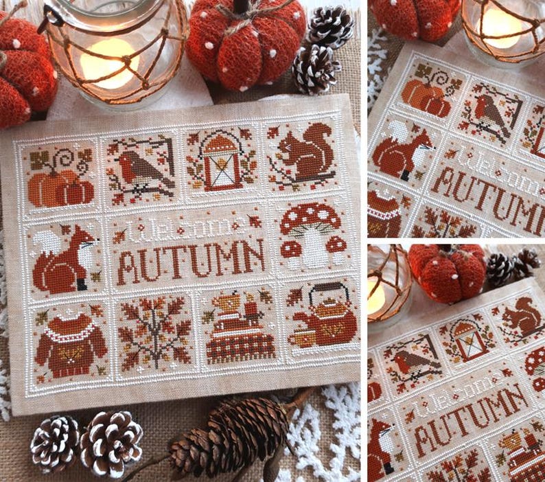 K&ouml;nnte beinhalten: Kreuzstich-Stickmuster mit beigem Hintergrund mit herbstlichen Quadraten. Jedes Quadrat zeigt Herbstmotive wie K&uuml;rbisse, einen Vogel, eine Laterne und ein Eichh&ouml;rnchen. Die Worte "Welcome AUTUMN" sind in der Mitte gestickt.