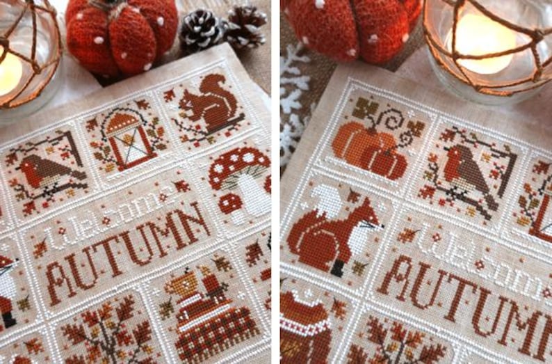 K&ouml;nnte beinhalten: Ein Kreuzstich-Sampler mit Herbstmotiven, darunter K&uuml;rbisse, ein Eichh&ouml;rnchen, ein Fuchs und ein Vogel. Die Worte "Welcome AUTUMN" sind in der Mitte gestickt. Die Farbpalette umfasst warme T&ouml;ne von Orange, Braun und Beige.