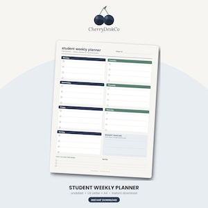 May include: A student weekly planner page featuring the CherryDeskCo logo with a cherry icon. The layout includes sections for Monday through Sunday with checkboxes, a biggest deadline box, top 3 to-dos, and a notes section in dark blue and green.