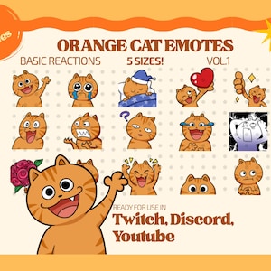 Peut inclure: Une collection numérique d'emotes de chat orange intitulée Orange Cat Emotes Basic Reactions 5 Sizes Vol.1. L'ensemble présente diverses expressions de chat en dessin animé, notamment agitant la patte, pleurant, dormant, tenant un cœur et pouce levé, avec du texte pour Twitch, Discord, Youtube.