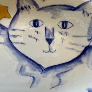 Jane Moore Studio Pottery Cat Platter: Whimsical Blue Cat Stars Ceramic Wall Plate