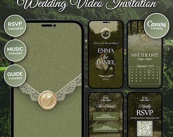 Puede incluir: Una plantilla de invitación de boda en video de Canva de 6 diapositivas con una paleta de colores verde salvia. El diseño incluye maquetas de teléfonos móviles que muestran detalles de la boda, un calendario de save the date y un código QR de RSVP. El texto incluye Faye North Studio, Wedding Video Invitation, RSVP Trackable, Music Included, Guide Included, Canva Editable, Emma & Daniel y Kindly RSVP.