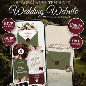 Puede incluir: Una plantilla de sitio web de bodas de 5 páginas en Canva en verde oliva y burdeos. La pantalla digital muestra una invitación con detalles florales, un reproductor de música, un botón RSVP y el texto Felicia & Daniel. Elementos editables.