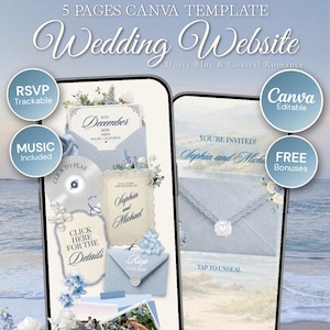 Puede incluir: Una plantilla de sitio web de bodas de cinco páginas en Canva con un tema azul polvoriento y costero. El diseño digital muestra elementos de invitación de boda, seguimiento de RSVP, integración de música y campos editables.