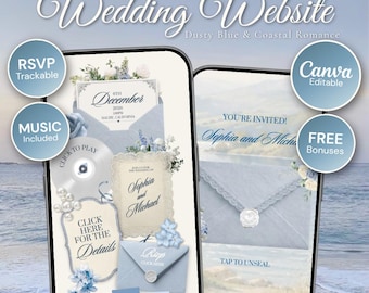 Dusty Blue Ivory Floral Wedding Website Canva Template: RSVP, Countdown Timer, Music (Digital Download)