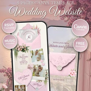 May include: A 5-page Canva wedding website template featuring soft pink and pastel designs. The digital interface displays interactive elements like an RSVP tracker, music player, and photo galleries. Text includes 'Wedding Website', '1st September 2027', and 'With love from, Natalie and James'.