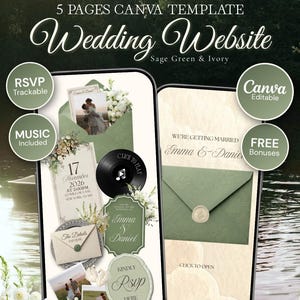 May include: A 5-page Canva wedding website template in sage green and ivory. The digital display shows invitation elements, including an envelope, RSVP card, music icon, and photos of a couple. Text includes "Wedding Website," "RSVP Trackable," "Canva Editable," and "Free Bonuses."