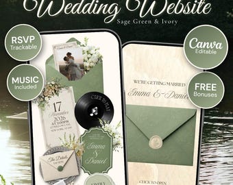 Sage Green Ivory Floral Wedding Website Canva Template: RSVP, Countdown Timer, Music (Digital Download)