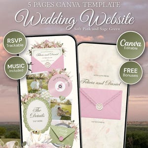Puede incluir: Una plantilla de sitio web de bodas de 5 páginas en Canva con tonos rosa suave y verde salvia. La interfaz digital muestra elementos interactivos como RSVP, música y secciones de fotos, con texto que incluye "Wedding Website", "Felicia and Daniel" y "The Details".