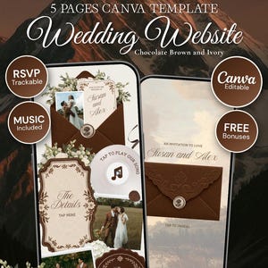 Puede incluir: Una plantilla de sitio web de bodas de 5 páginas en Canva con un esquema de color marrón chocolate y marfil. La interfaz digital muestra detalles de invitación, secciones de RSVP e integración de música, con texto como "Wedding Website".