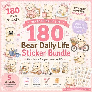 以下が含まれることがあります： 日常の様々な活動をする明るい色のクマを描いた180個のPNGファイルを含むデジタルステッカーバンドル。読書、入浴、サイクリング、食事をするクマのイラストが、テキストが添えられたピンクの背景に配置されています。
