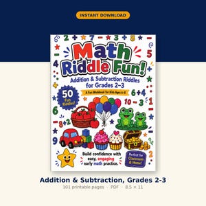 May include: A workbook cover titled Math Riddle Fun! Addition & Subtraction Riddles for Grades 2-3. The white cover features colorful illustrations of apples in a basket, balloons, frogs, a red car, cupcakes, and a treasure chest with gold coins.