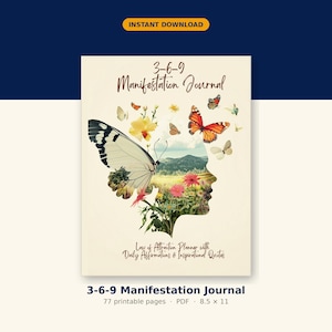 Peut inclure: Un journal de manifestation 3-6-9 sur fond crème représentant la silhouette d'une tête remplie d'un paysage de montagnes, de fleurs et de papillons. Le texte indique 3-6-9 Manifestation Journal et Law of Attraction Planner with Daily Affirmations & Inspirational Quotes.