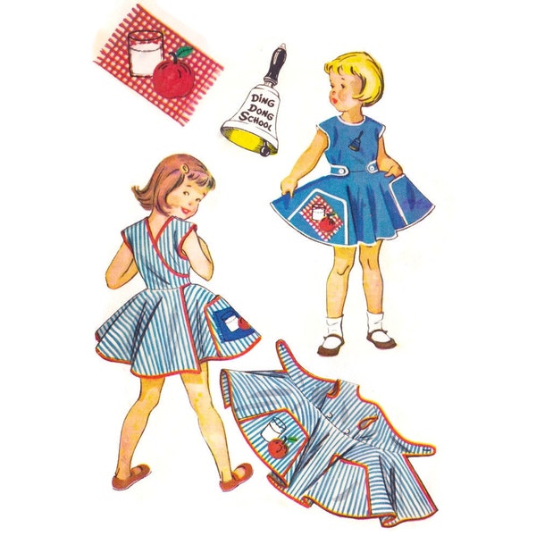 1950s Childrens Pattern McCalls 1921, Toddler Girls Self-Help Apron Wrap Dress Milk & Apple Applique 1954 Vintage Sewing Pattern Size 2