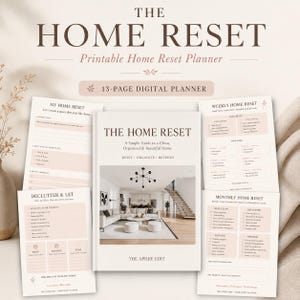 May include: A 13-page printable digital planner titled The Home Reset, featuring a central cover page with a living room photograph and four surrounding pages with checklists for daily, weekly, and monthly home organisation tasks.