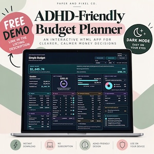 Op de afbeelding: Een laptopscherm met een interactieve budgetplanner, een HTML-app met een donkere modus. Het dashboard toont financiële gegevens, waaronder inkomsten, rekeningen, dagelijkse uitgaven en schuldbetalingen in een gestructureerde lay-out.