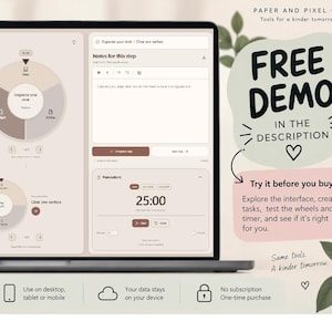 Può includere: Uno schermo di un portatile che mostra l'interfaccia del gestore attività Next Step con un elenco di attività, ruote circolari per le attività, una sezione note e un timer da 25 minuti. Il design presenta una tavolozza di colori neutri.
