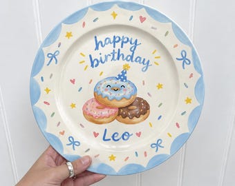 Personalized Birthday Plate for Kids, Custom Name Ceramic Plate, Cute Donut Birthday Design, Birthday Keepsake Gift for Boy or Girl