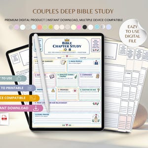 May include: A digital tablet displaying a Bible Chapter Study template for couples, featuring sections for chapter summary, main people, key verses, repeated words, commands, warnings, promises, questions, and closing prayer, with a white stylus pen.