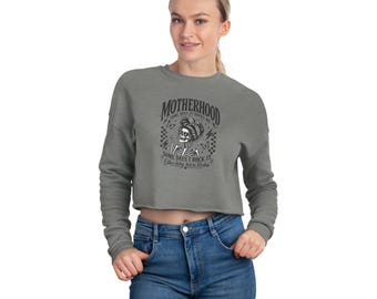 Motherhood Skull Rose illustration cropped sweatshirt | maternal biker vibe