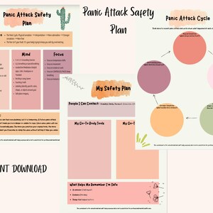 May include: A set of three printable mental health worksheets titled Panic Attack Safety Plan and My Safety Plan. The documents feature pastel-colored sections, bulleted lists for grounding techniques, and a circular diagram for the panic attack cycle.