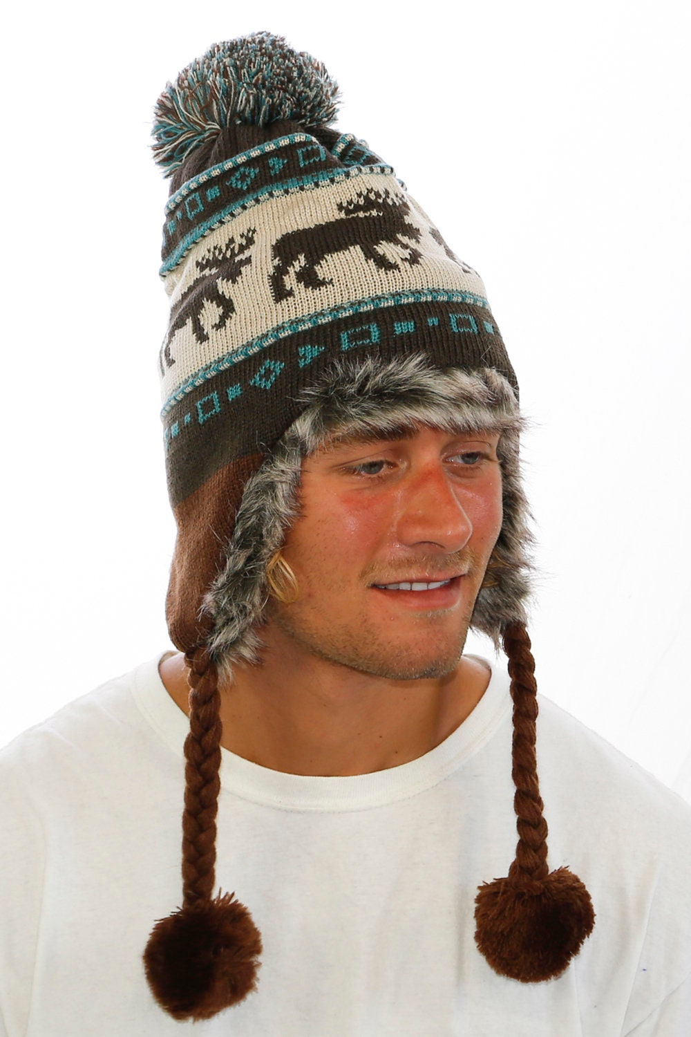 Knitted Faux Fur Ear Flap Winter Ski Hat Brown Moose Lodge | Etsy