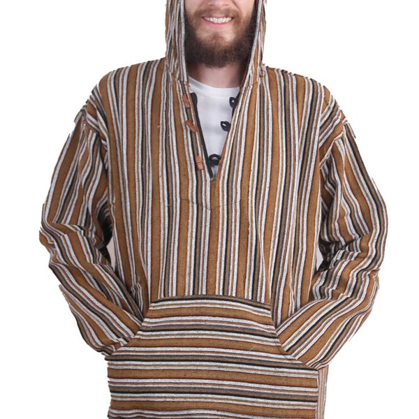 Woven Baja Style Hooded Pullover Jacket in Desert Stripe Boho Hoodie Jacket Drawstring Sweatshirt Funky Drug Rug Hippie Sizes Small to 3X