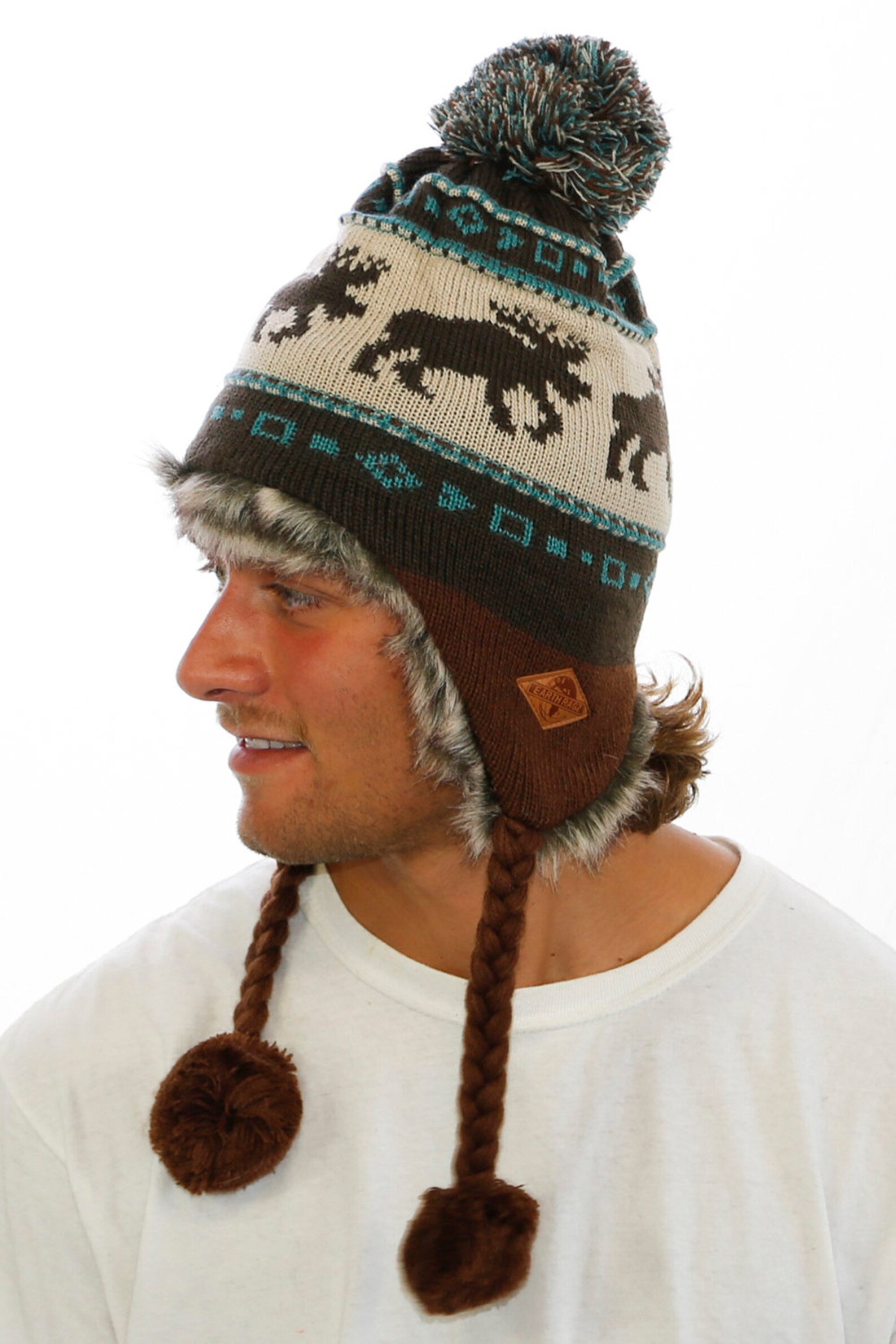 Knitted Faux Fur Ear Flap Winter Ski Hat Brown Moose Lodge | Etsy