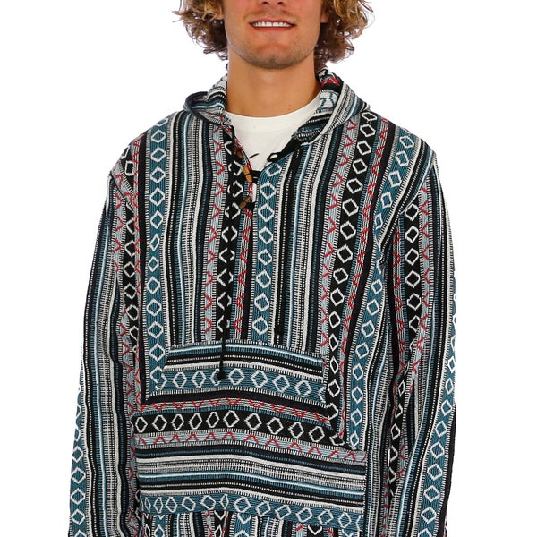 Geweven Baja stijl Pullover jas met capuchon in blauwe streep Boho Hoodie jas Trekkoord Sweatshirt Funky Drug Rug Hippie maten klein tot 3X