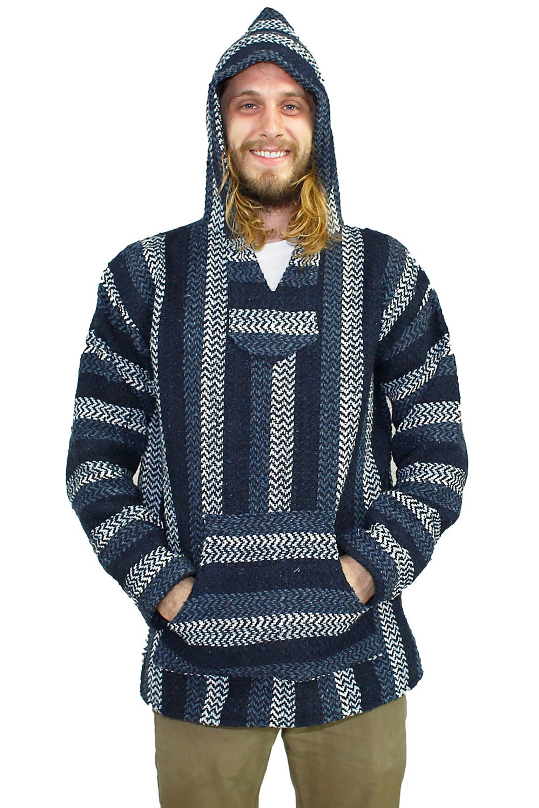 Baja Joe Pullover Hoodie Navy Stripe Hooded Sweatshirt Boho Jacket