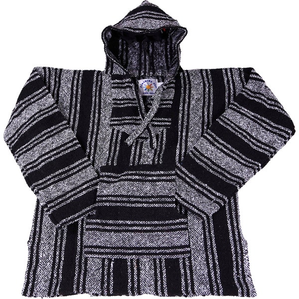 Baja Pullover Hoodie Black & Gray Stripe Hooded Sweatshirt Boho Jacket Hippie Funky Drug Rug Soft Brushed Inside Sizes Small to 3X