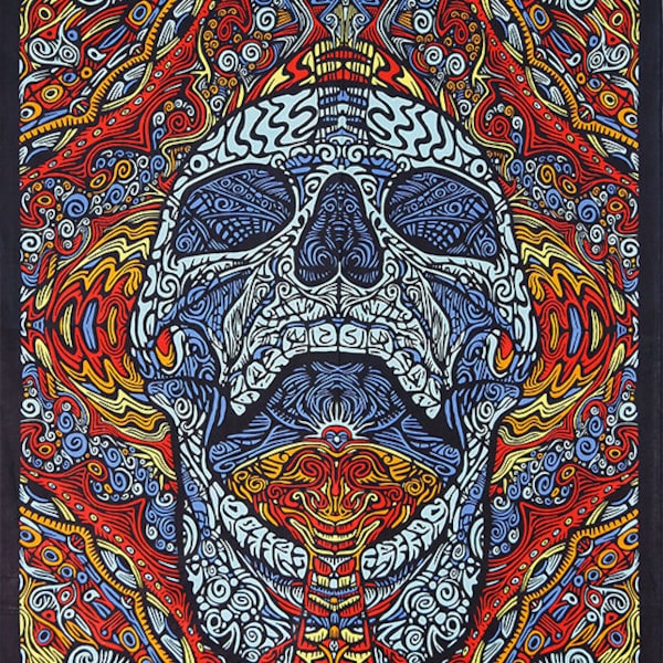 3D Psychedelic Skull Tapestry Wall Hanging Bedroom Decor Van Festival Beach Dorm Trippy Art Halloween Day of the Dead Skeleton Biker New Age