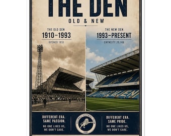 Stampa del Millwall The Den, vecchio e nuovo stadio / Poster di arte calcistica vintage