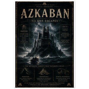 May include: A dark, vertical poster featuring the Azkaban penal facility. The text reads Ministry of Magic, Azkaban, No One Escapes, and includes warning facts about Dementors, eternal punishment, and the wizarding world's most notorious prison.