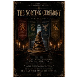 May include: A dark, atmospheric poster titled The Sorting Ceremony, featuring a weathered brown wizard hat centered on a stool. Four house banners—Gryffindor, Slytherin, Ravenclaw, and Hufflepuff—hang in the background above glowing candles.