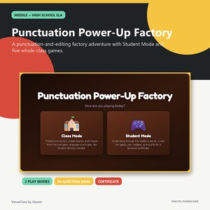 以下が含まれることがあります： 中高生向けのデジタル教材「Punctuation Power-Up Factory」。インターフェースには、学校のアイコンが表示されたクラスモードと、ゲームコントローラーのアイコンが表示された生徒モードがあり、2つのプレイモードと修了証が含まれています。