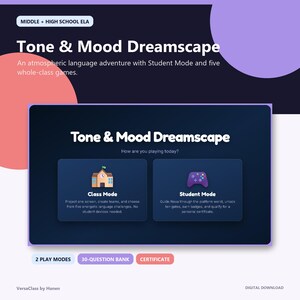 Peut inclure: Une ressource éducative numérique intitulée Tone & Mood Dreamscape pour le collège et le lycée. L'interface présente le mode classe avec une icône d'école et le mode étudiant avec une manette, incluant deux modes de jeu, 30 questions et un certificat.