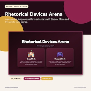 May include: A digital interface titled Rhetorical Devices Arena featuring two play options: Class Mode with a school building icon and Student Mode with a game controller icon. The layout includes text describing the modes, 2 Play Modes, 30-Question Bank, and Certificate labels on a dark maroon and cream background.