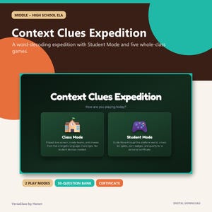 Op de afbeelding: Een digitale educatieve bron getiteld Context Clues Expedition voor middelbare scholen. De interface bevat een klasmodus met een schoolicoon en een leerlingmodus met een gamecontroller-icoon, inclusief 2 spelmodi en een certificaat.