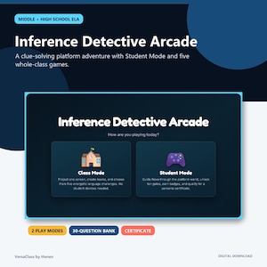 以下が含まれることがあります： 中高生向けのデジタル教材「Inference Detective Arcade」。インターフェースには学校アイコンのクラスモードとゲームコントローラーアイコンの生徒モードがあり、2つのプレイモード、30問の質問バンク、修了証のラベルが表示されています。