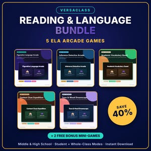 May include: A digital educational bundle titled VERSACLASS READING & LANGUAGE BUNDLE 5 ELA ARCADE GAMES. It features five game modules: Figurative Language Arcade, Inference Detective Arcade, Academic Vocabulary Quest, Context Clues Expedition, and Tone & Mood Dreamscape, plus 2 free bonus mini-games and a 40% savings badge.