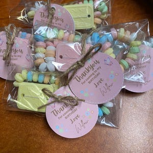 May include: Several clear plastic favor bags containing pastel-colored candy bracelets and a rectangular yellow plastic tag. Each bag features a round pink paper tag tied with twine that reads, Thank you for coming to my BIRTHDAY Love Willow.