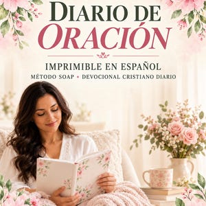 May include: A prayer journal titled Diario de Oración with the subtitle Imprimible en Español, Método SOAP, Devocional Cristiano Diario. The cover features pink floral illustrations, green leaves, and a soft cream background with elegant typography.