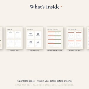May include: A set of six printable pages titled What's Inside, featuring templates for luggage tags, kids' bag tags, allergy wallet cards, allergy alert bag tags, and ask before feeding cards, with text instructions and icons for travel organization.