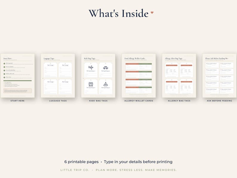 May include: A set of six printable pages titled What's Inside, featuring templates for luggage tags, kids' bag tags, allergy wallet cards, allergy alert bag tags, and ask before feeding cards, with text instructions and icons for travel organization.